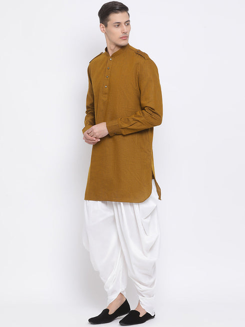 Vastramay Men's Brown Cotton Blend Kurta and White Dhoti Set